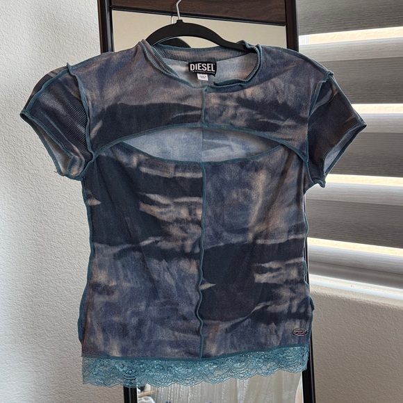 Diesel Blue Tie-Dye Mesh Top with Lace Detail - Picture 1 of 4